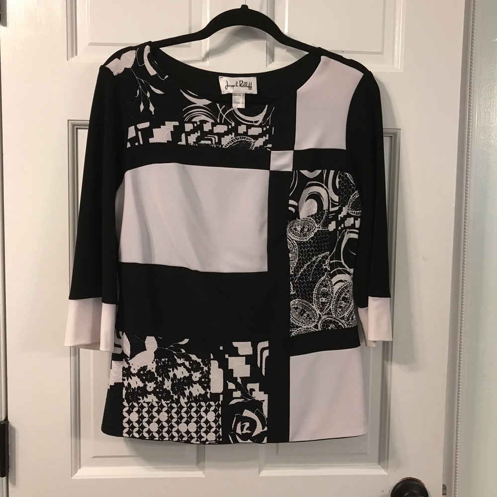 Joseph Ribkoff Black and White Geometric 3/4 Sleeve Top